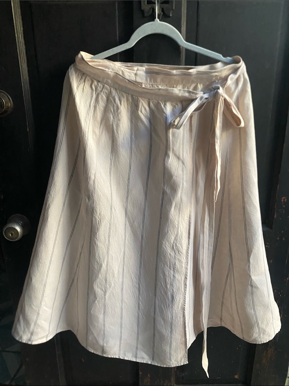 Reformation Cream Wrap A-Line Skirt with Thin Blue Stripes